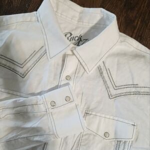 Wrangler Rock 47 Men’s Embroidered White Grey stitching L/S Snap up shirt XL
